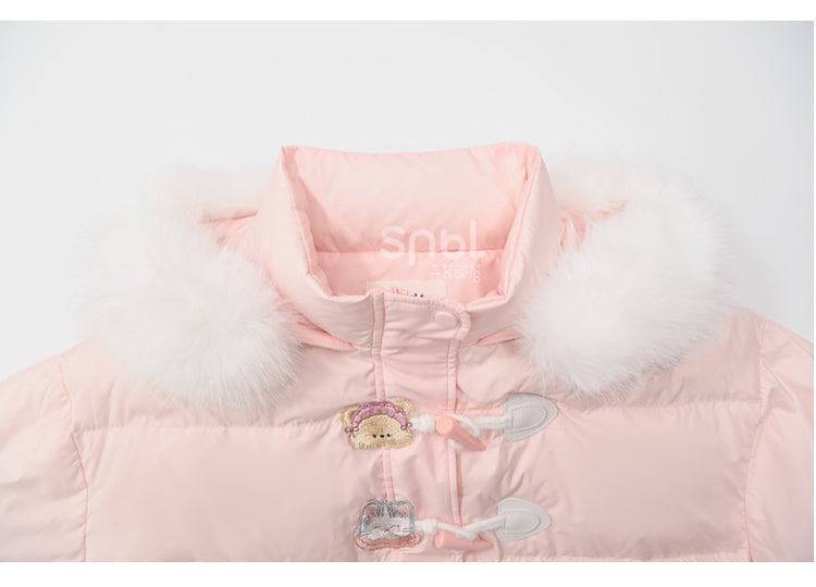 Rosa Daunenmantel mit Kapuze und Plüschbesatz mit süßem Bären und Kätzchen