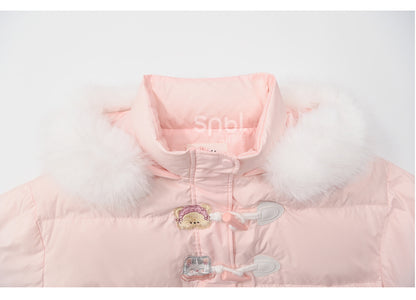 Rosa Daunenmantel mit Kapuze und Plüschbesatz mit süßem Bären und Kätzchen