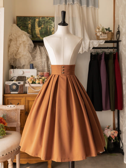 オレンジのハイウエストプリーツ裾ロリータスカート、レースアップとシャーリングバック