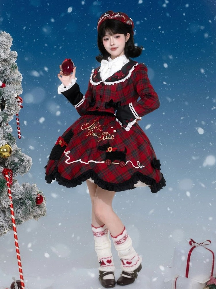 Winter Jumper Skirt in Red Plaid with Cute Puppy Patchwork - iris de nuit