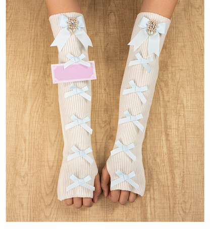 Jirai Gloves Square | Rhinestone Kei 4 Multiple Knit Fingerless Bows Colors