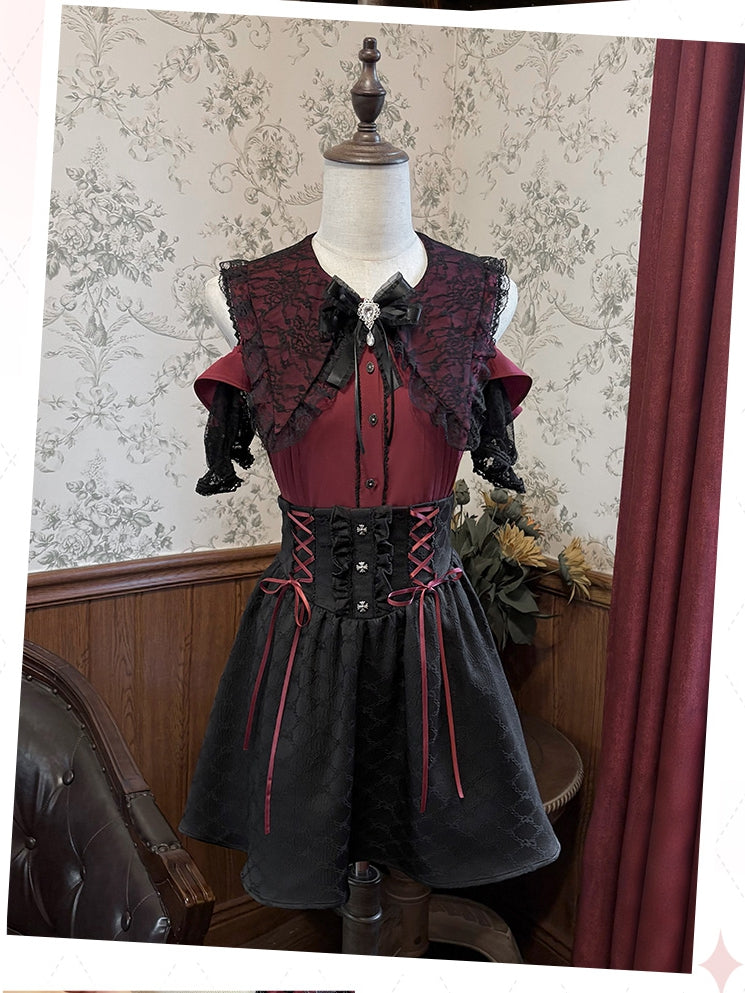 Red Open-Shoulder Set: Kei Blouse Black 3-Piece Bow Skirt Tie and Jirai Contrast High-Waist with
