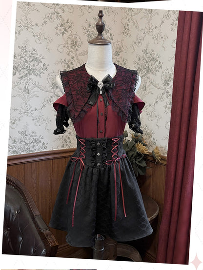 Red Open-Shoulder Set: Kei Blouse Black 3-Piece Bow Skirt Tie and Jirai Contrast High-Waist with