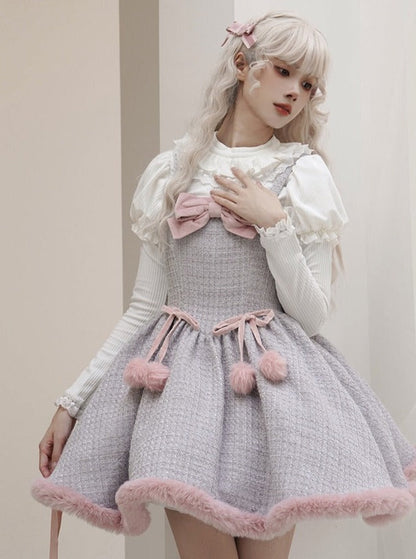 Tweed-Pelzkleid Pelz + süßer Umhang