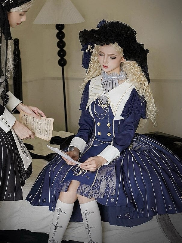 Embroidery+Waist Cross Lolita Watch Dress Full Collar Blue White Nun Chain+Pocket Chain+Detachable Striped Belt+Waist Set with Dark