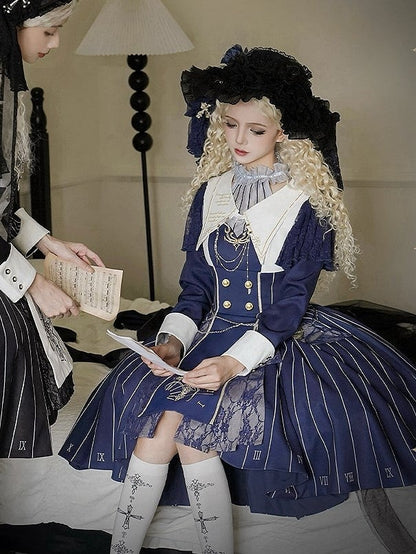 Embroidery+Waist Cross Lolita Watch Dress Full Collar Blue White Nun Chain+Pocket Chain+Detachable Striped Belt+Waist Set with Dark