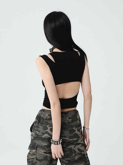 Gothic Black Cross Backless Glamorous Cropped Sleeveless Top