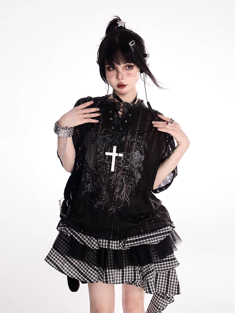 Y2K Holes Black/White Lace-up Mock Neck Distressed