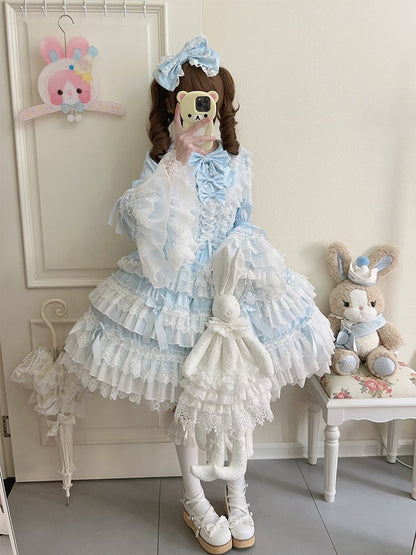 Bell Skirt Bows Tiered Ruffle Lolita Decorated Dress Blue Sleeves Long