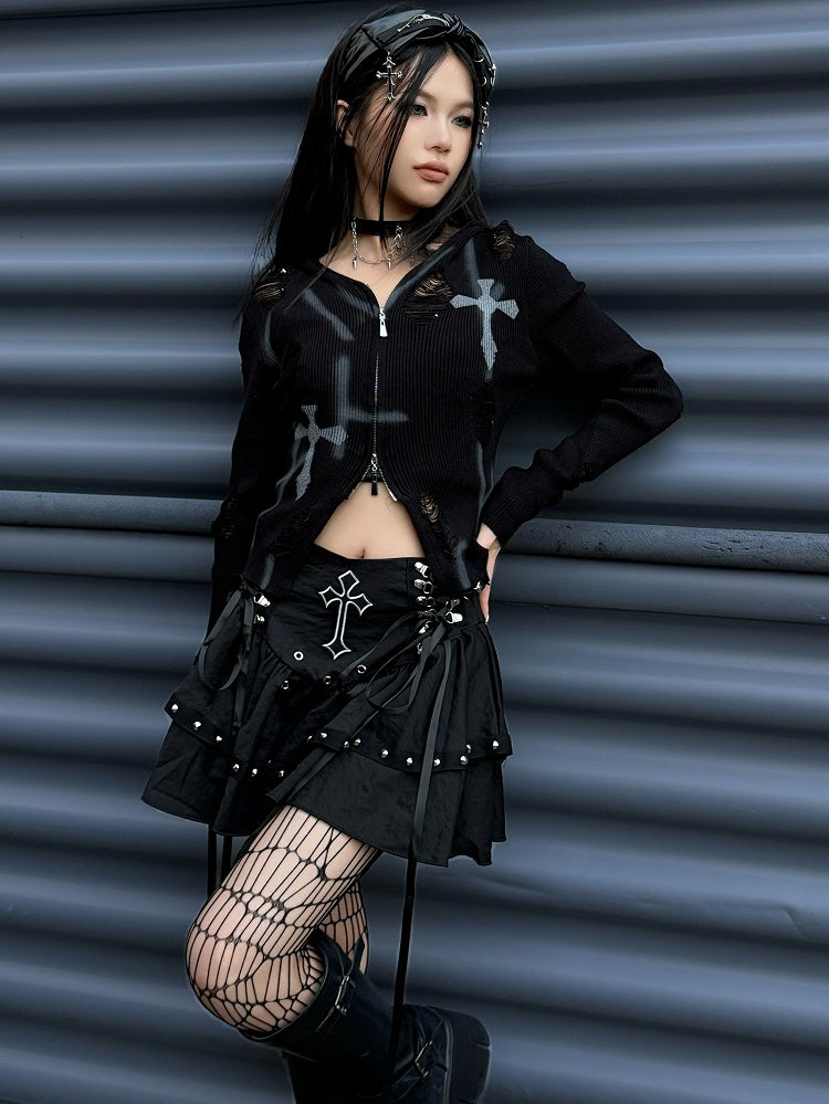 Gothic Punk Schwarzes Kreuz Charms Reißverschluss Design PU Bowknot KC