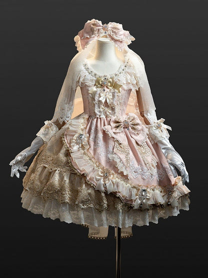 Jumper and Bead Pink Dress Skirt Bow Accents Set Full Princess Jacquard Lolita