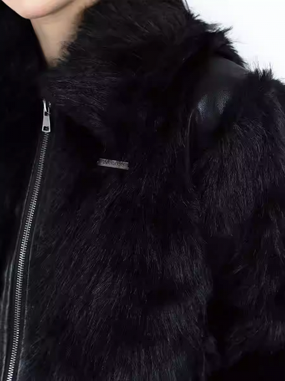 Black Zip Closure Shaggy PU Jacket