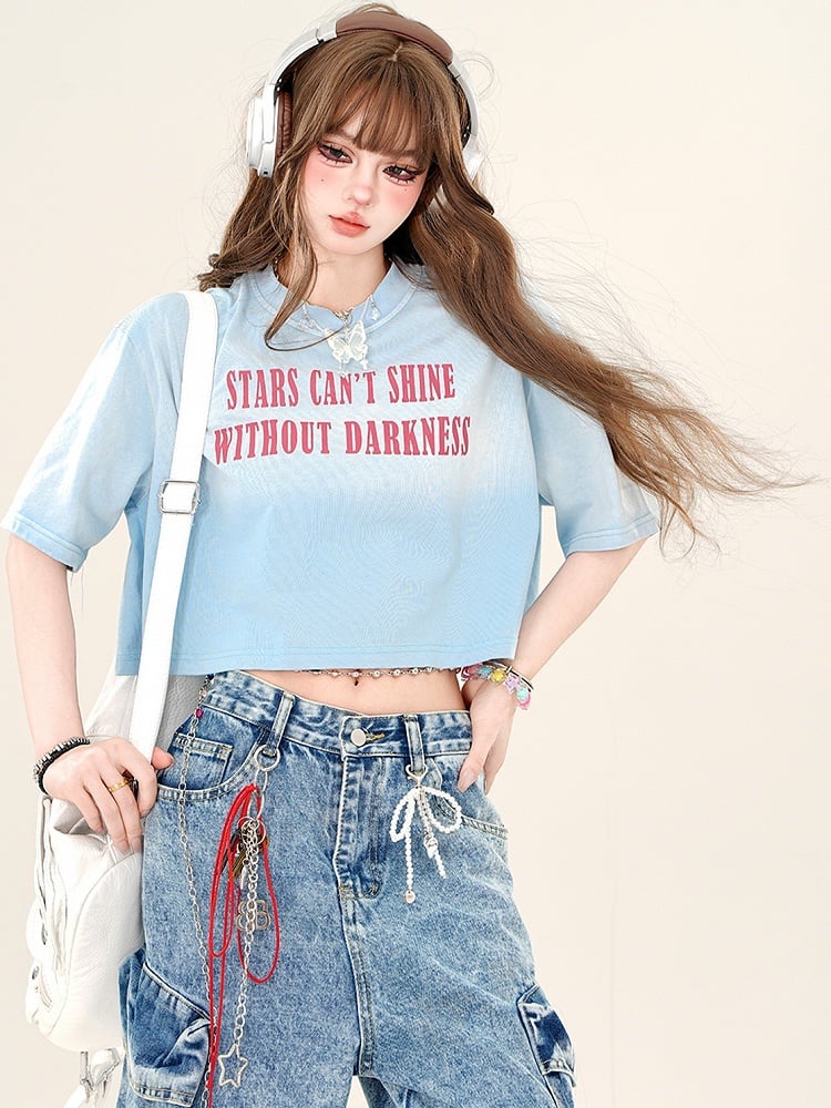 グラデーションカラー ローズピンク/ブルー文字 クロップTシャツ