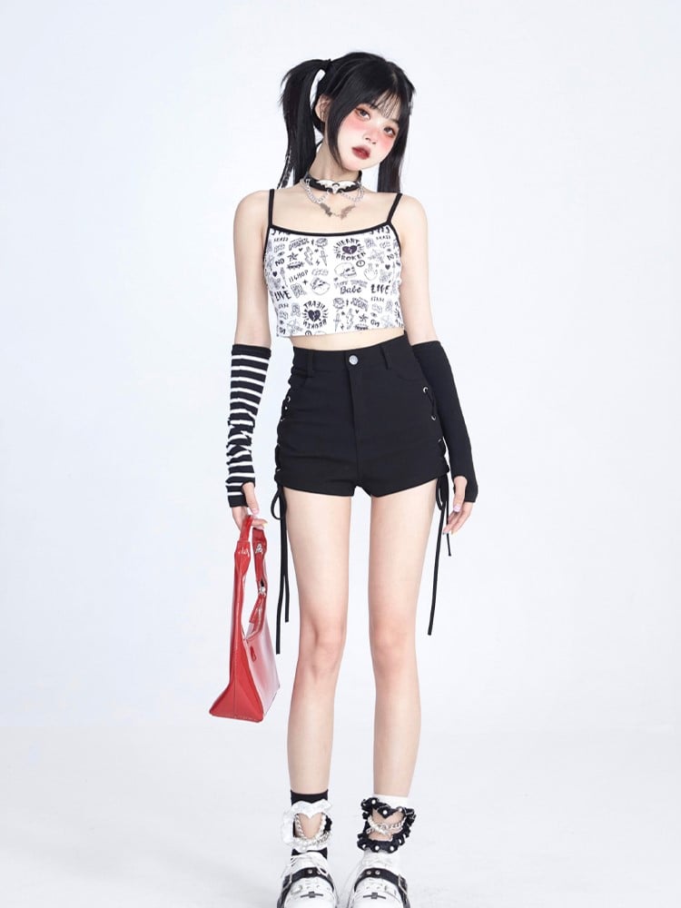 Lace-Ups Side Shorts Fly Crisscross with Button Black Summer