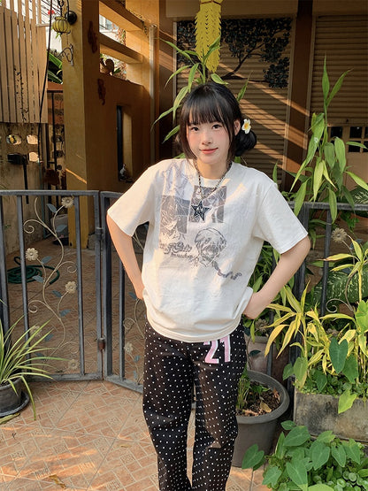 Number Wide-leg Dot with Black Pants Polka Print and