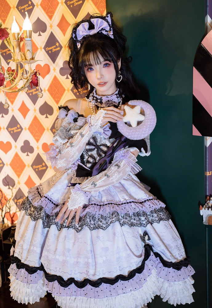 KC Wrist Cuffs Lolita Full Shoulder Choker Veil Set + Dress Mini Off Hime Purple Hat