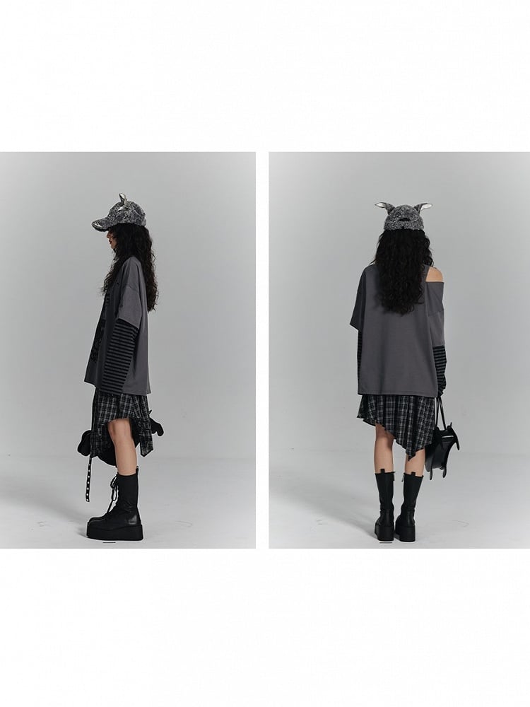 Crossed Graffiti with Top Cut-Out Gray Tie Punk Striped Sleeve V-Neck Shoulder