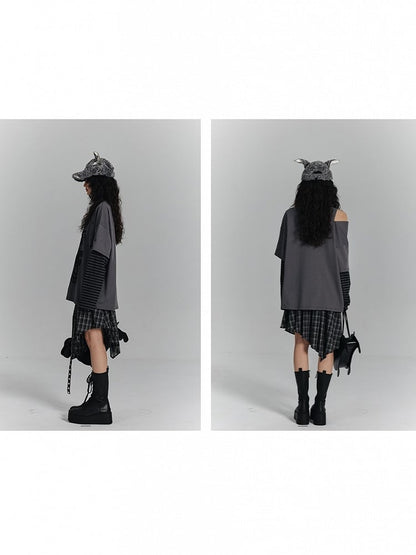 Crossed Graffiti with Top Cut-Out Gray Tie Punk Striped Sleeve V-Neck Shoulder