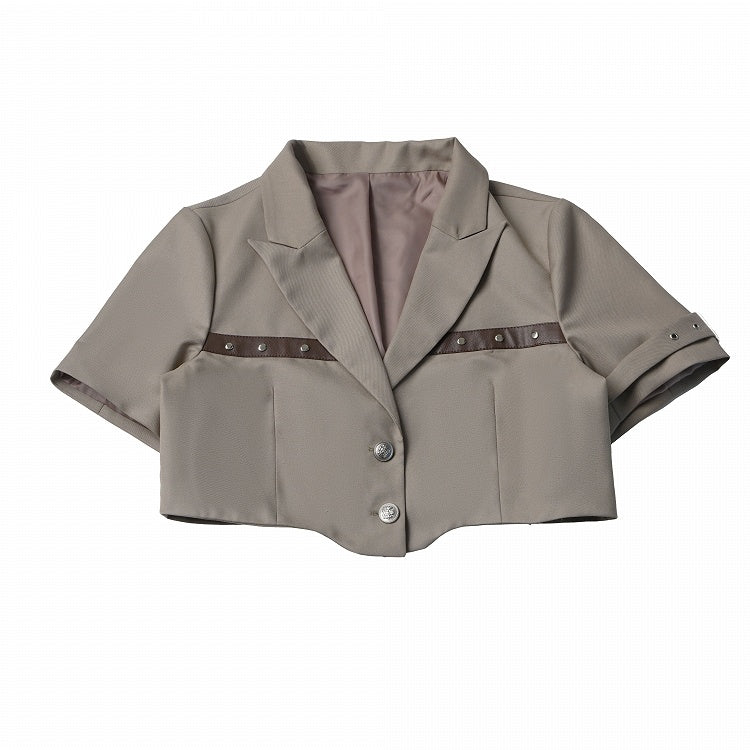Khaki Cropped Blazer with Rivet Details - PINK SAVIOR