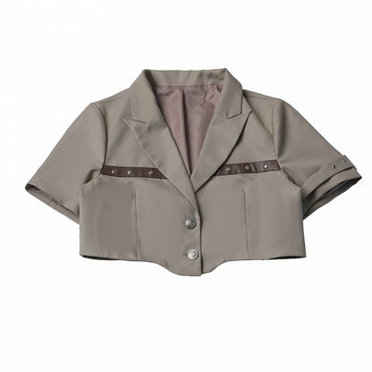 Khaki Cropped Blazer with Rivet Details - PINK SAVIOR