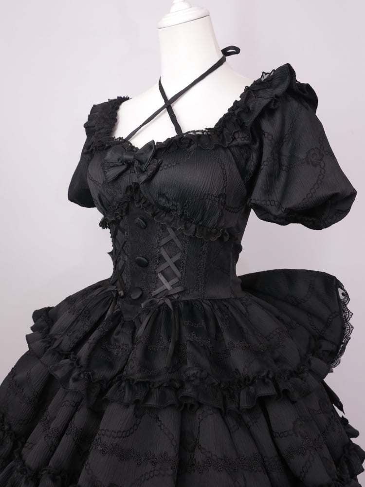 Schwarzes Prinzessinnen-Korsett-Taillenkleid mit Rüschenrock