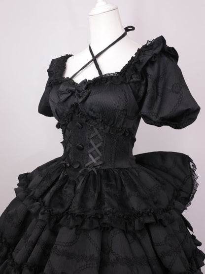 Schwarzes Prinzessinnen-Korsett-Taillenkleid mit Rüschenrock