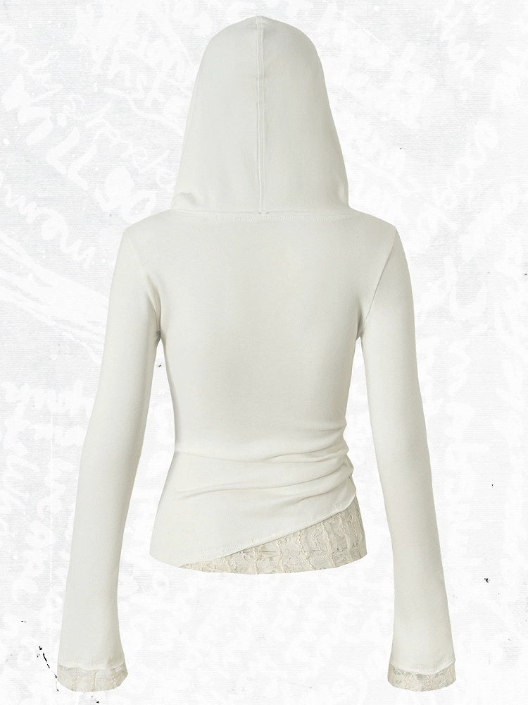 Off-white Two-piece V-Neck Print Hooded Lace Long Top Star Sleeve Slim-fitting Panel -