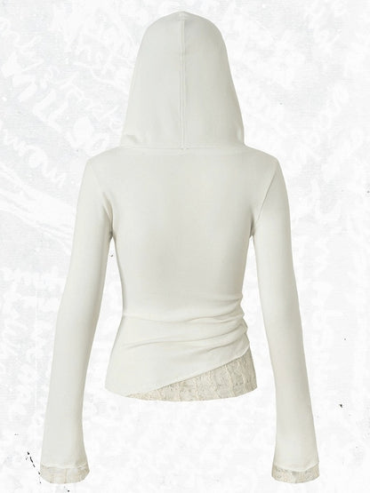 Off-white Two-piece V-Neck Print Hooded Lace Long Top Star Sleeve Slim-fitting Panel -