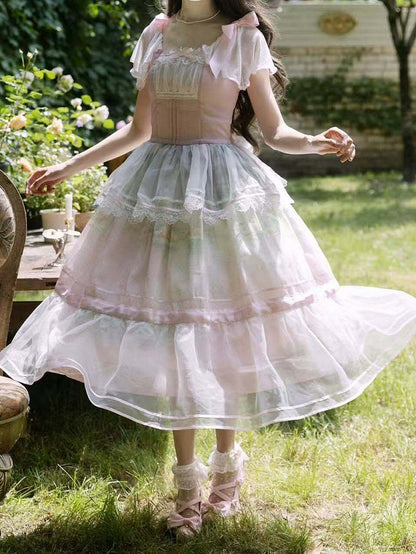 Oil Sleeves One Painting Water Lily Print Light Piece Pink Square Neckline and Flutter