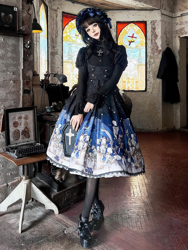 Blue Gothic Lolita and Under with Cross Bust Dress Black Lace Print Trim Skeleton