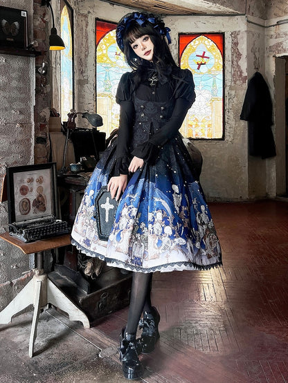 Blue Gothic Lolita and Under with Cross Bust Dress Black Lace Print Trim Skeleton