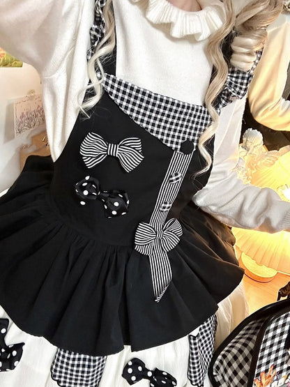 Schwarzes Gingham Lolita-Overallkleid mit süßer Schleife
