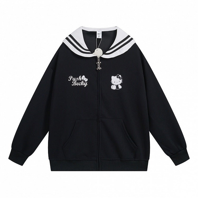 ピンク/ライトブルー/グレー/ブラック キティプリント セーラーカラー ジップ開閉 厚手スウェットシャツ