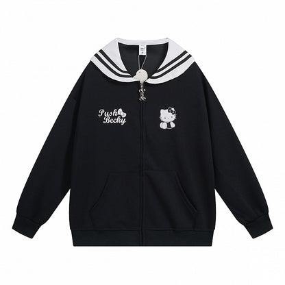 ピンク/ライトブルー/グレー/ブラック キティプリント セーラーカラー ジップ開閉 厚手スウェットシャツ