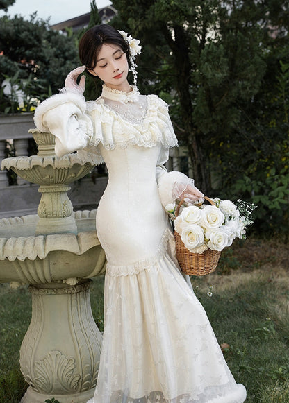 Cheongsam Embroidery Edward Camellia and Creamy Neck Dress Style Plush with Cuffs Mermaid Hem