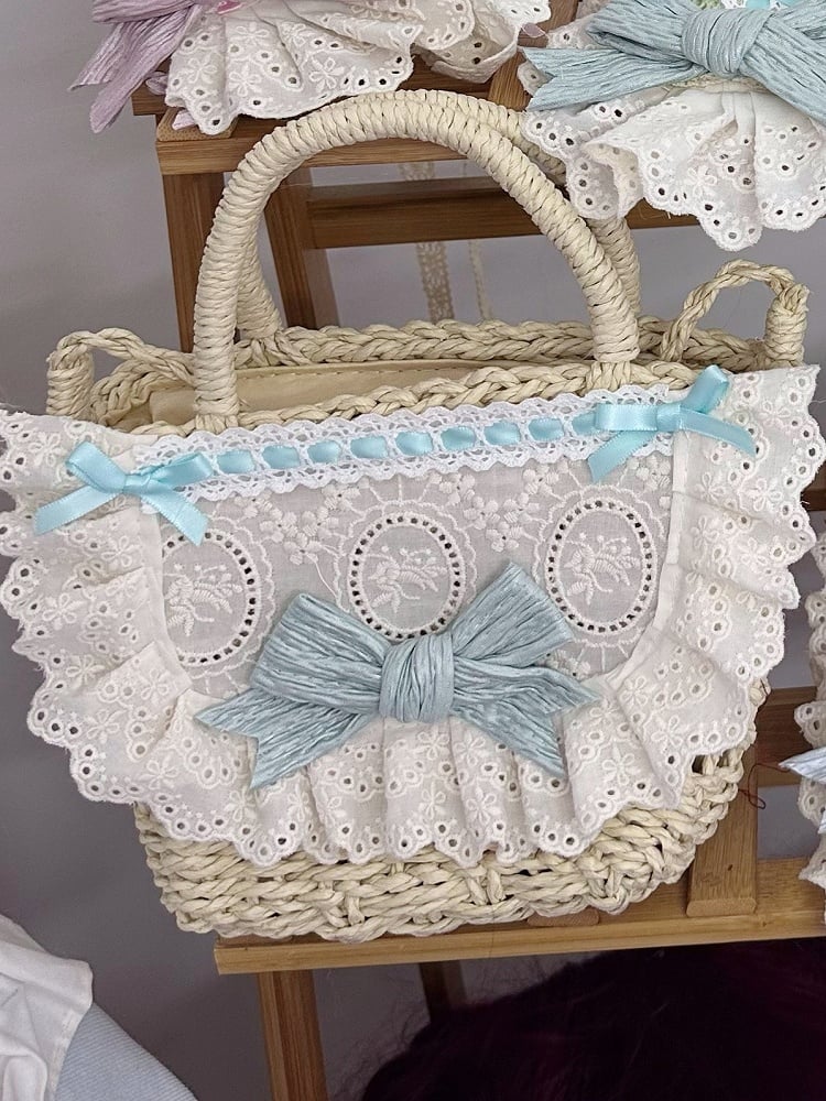 Lace Light Tote Bag Straw Detail Green Bowknot