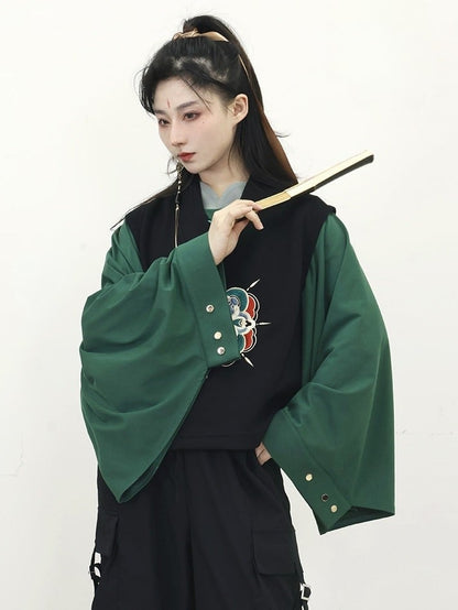 - Buttons Unisex Han Two-Piece Long Green Banded with Frog Lolita Sleeve Top Decorative Collar