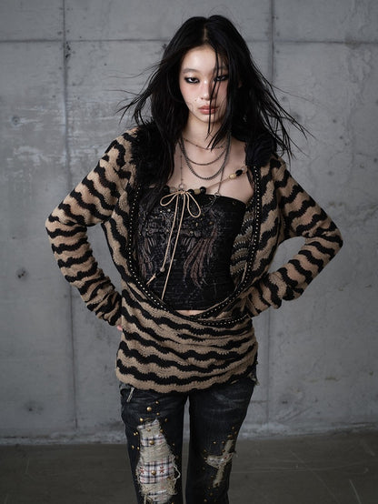 Bustier-Set-Top Braun Strick Gestreift Dekonstruiert Flügel Schwarz Print