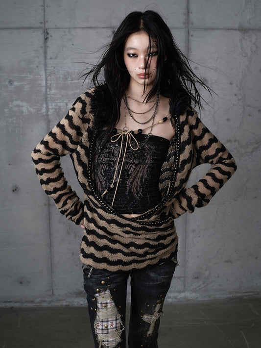 Bustier Set Top Brown Knit Striped Deconstructed Wing Black Print