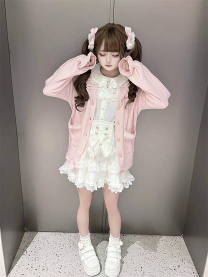 Sweet Jirai Kei Light Pink Knit Sweater with Heart-Shaped Rhinestone Buttons