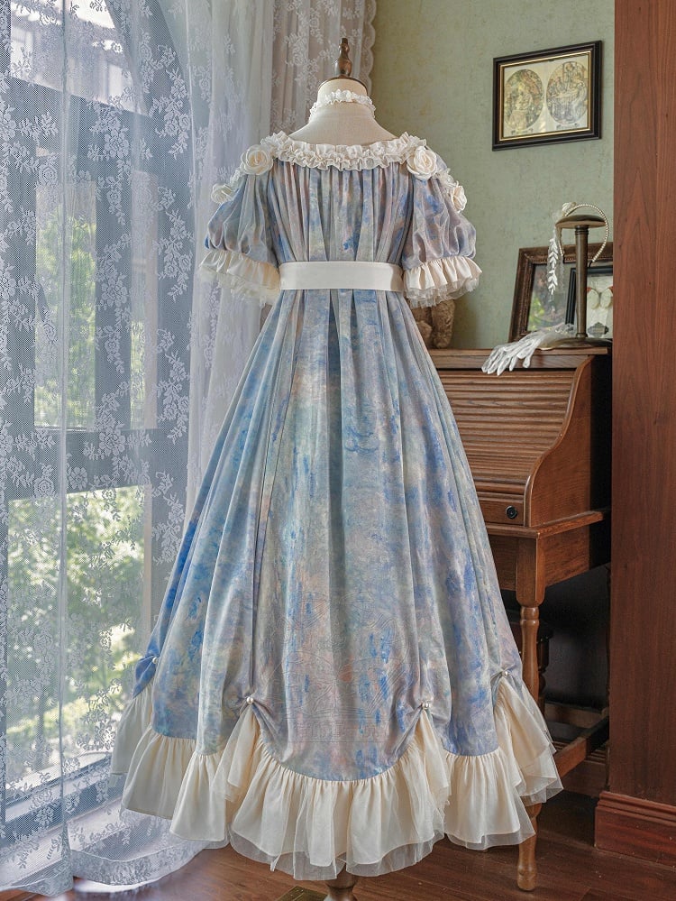 Stück Lolita Maxi One Kleid Taille Elegante Klassische Malerei Blau Empire Öldruck
