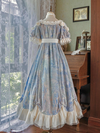 Stück Lolita Maxi One Kleid Taille Elegante Klassische Malerei Blau Empire Öldruck