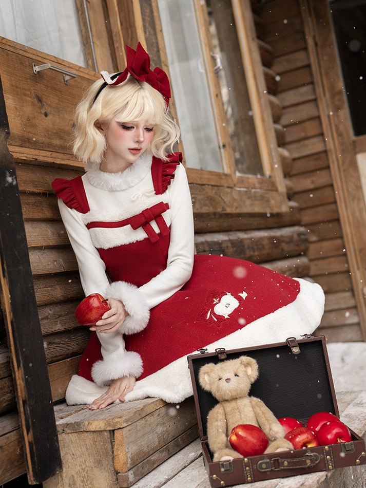 Lolita Embroidered Plush Apple-Themed Scarf + KC Red JSK Christmas Bow Brooch Short