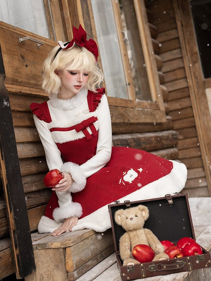 Lolita Embroidered Plush Apple-Themed Scarf + KC Red JSK Christmas Bow Brooch Short