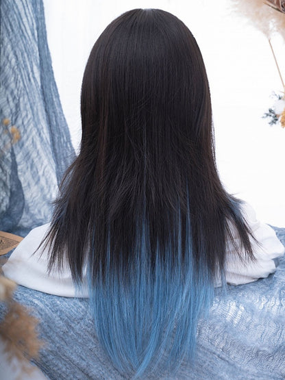 Lange, glatte Kunsthaarperücke mit schwarzen und blauen Highlights und Pony