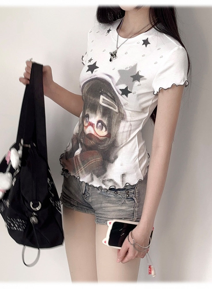 Star Doll and T-shirt White BJD Hem Print Ruffled
