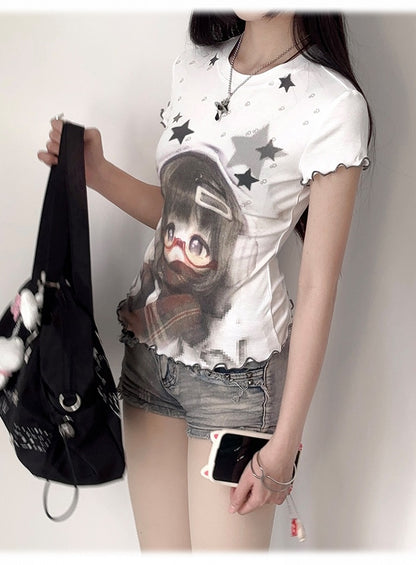Star Doll and T-shirt White BJD Hem Print Ruffled
