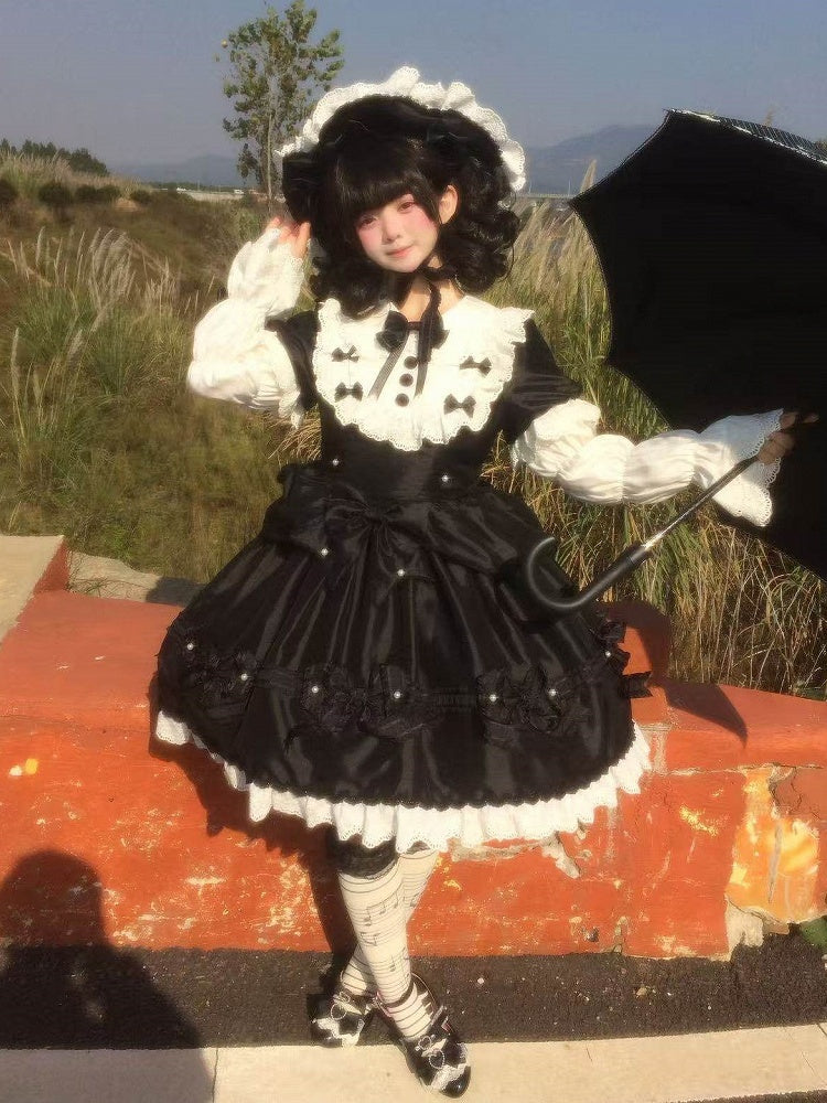 Details Dress with White Sweet Bead Trimmed Black Lolita Lace and Bow