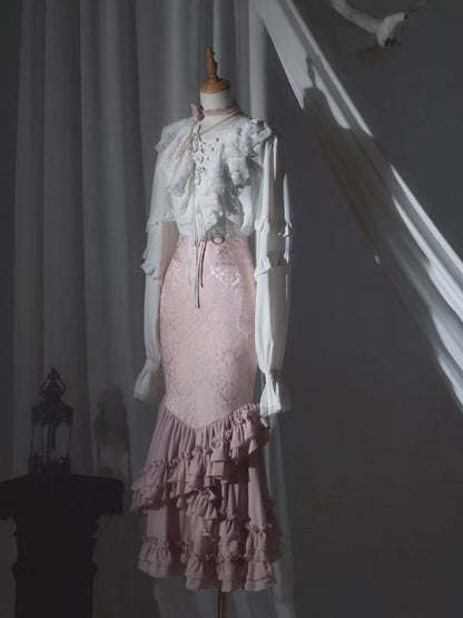 Layered Pink with Gothic Ruffles Fish-Tail Skirt Lolita