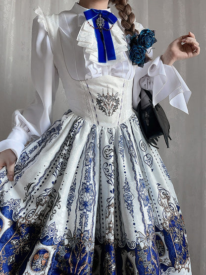 Tie and Long-sleeved Placket Lolita Jabot White with Blouse Ruffled